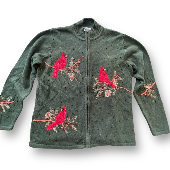 Vintage Hunter Green Embroidered Sequin Cardinal Full Zip Cardigan Women's XL - Picture 1 of 8